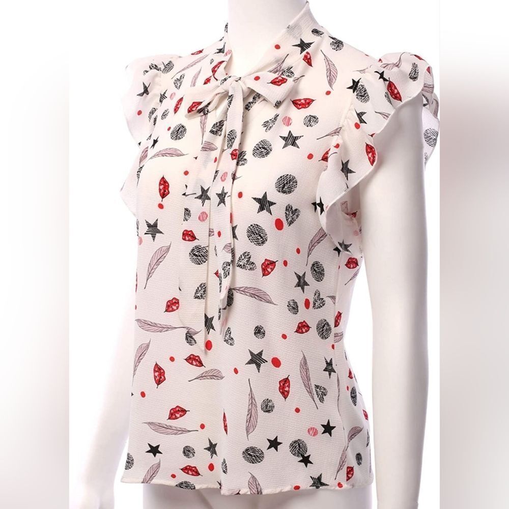 🔸️Ivory w/Red & Black Print Vneck Tie Ruffled Cap Sleeve Top Medium
